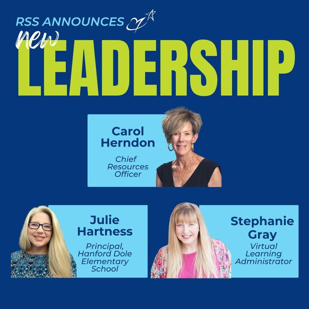  blue graphic with headshots announcing three new hires for RSS